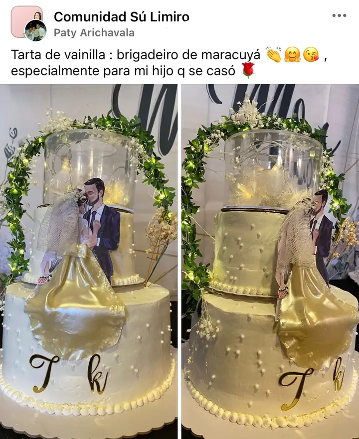Publicación de Paty Arichavala en la Comunidad Sú Limiro: torta de boda