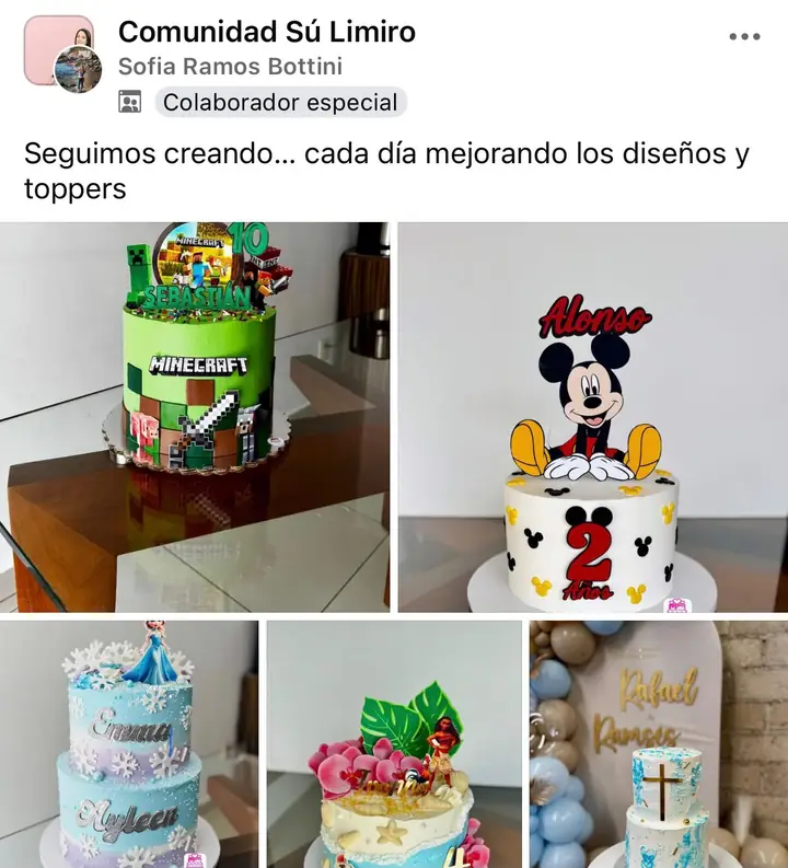 Publicación de Sofia Ramos Bottini en la Comunidad Sú Limiro: tortas temáticas con toppers